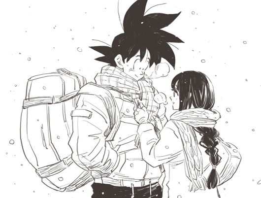 1boy, 1girl, adjusting_scarf, amepati, bag, black_eyes, black_hair, braid, breath, chi-chi_(dragon_ball), couple, dragon_ball, dragonball_z, hand_in_pocket, happy, hetero, looking_at_another, looking_away, profile, scarf, short_hair, simple_background, smile, snow, son_gokuu, spiky_hair, upper_body, white_background, winter, winter_clothes