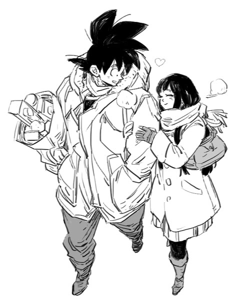 1boy, 1girl, ^_^, amepati, bag, black_eyes, black_hair, breath, chi-chi_(dragon_ball), closed_eyes, closed_eyes, couple, dragon_ball, dragonball_z, full_body, gloves, greyscale, happy, hetero, locked_arms, looking_at_another, monochrome, open_mouth, scarf, short_hair, simple_background, smile, son_gokuu, spiky_hair, walking, white_background, winter, winter_clothes