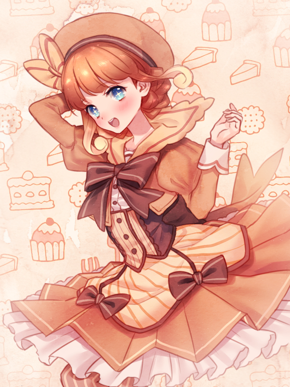 +_+, 1girl, :d, black_bow, bow, brown_dress, brown_hair, brown_hat, cake, cupcake, desserts, dress, food, gradient-hair, hand_up, hat, hat_bow, highres, looking_at_viewer, medium_hair, moe_(hamhamham), multicolored_hair, open_mouth, personification, pokemon, puffy_sleeves, raichu, simple_background, slice_of_pie, smile, solo, standing, striped, striped_legwear, wrist_cuffs