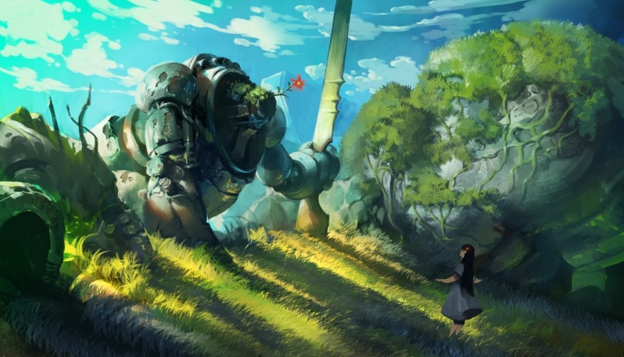 1girl, black_hair, blue_dress, clouds, cloudy_sky, commentary_request, day, dress, fillsupply, flower, grass, hair_flower, hair_ornament, holding, holding_weapon, huge_weapon, korean_commentary, long_hair, mechanical, nature, original, overgrown, robot, rock, sky, weapon