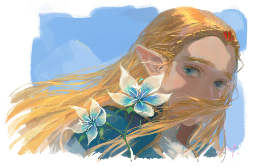 1girl, blonde_hair, blue_eyes, covered_mouth, flower, lip_(lih8), long_hair, pointy_ears