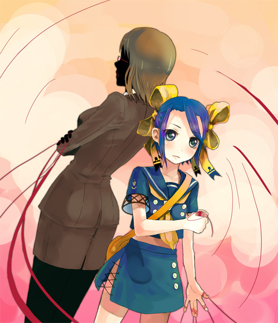 blue_eyes, blue_hair, bow, glasses, otosume_ruiko, red_string, school_uniform, serafuku