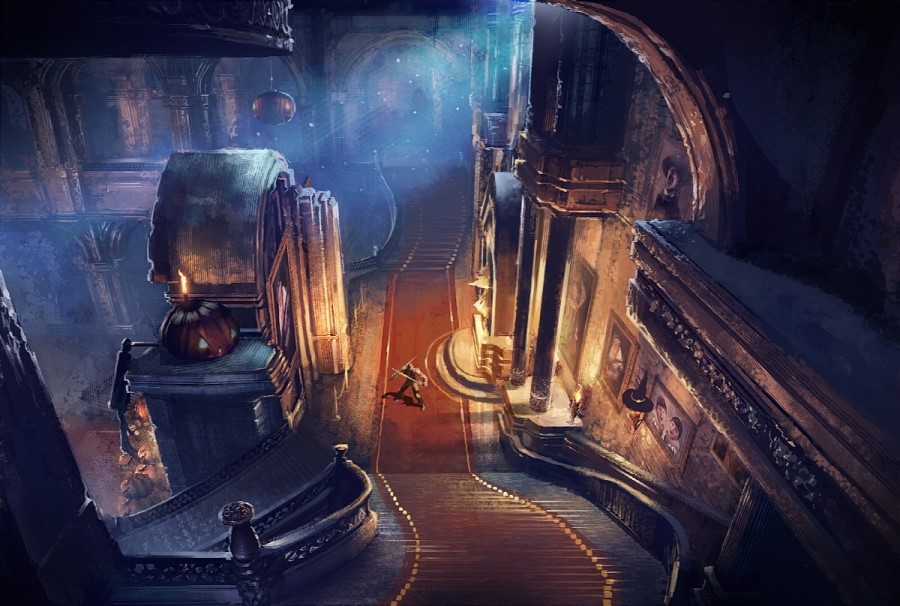1boy, arch, candle, castle, chandelier, clock, column, commentary_request, concept_art, dual_wielding, fantasy, fillsupply, from_above, hat, holding, holding_sword, holding_weapon, indoors, korean_commentary, lamp, light_rays, official_art, painting_(object), pillar, portrait, pumpkin, scenery, stairs, sunbeam, sunlight, sword, tera_online, weapon, witch_hat