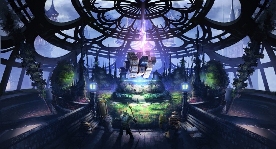 1boy, aman, book, bridge, castle, commentary_request, concept_art, dome, fantasy, fillsupply, fountain, grass, holding, holding_staff, indoors, korean_commentary, lamppost, nature, night, night_sky, official_art, pages, rubik's_cube, scenery, sign, sky, staff, tera_online, tower, tree