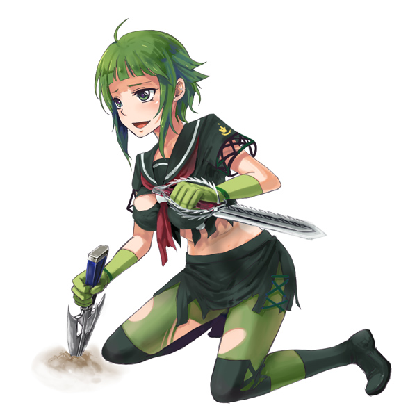 boots, breasts, elbow_gloves, gloves, green_eyes, green_hair, knife, midriff