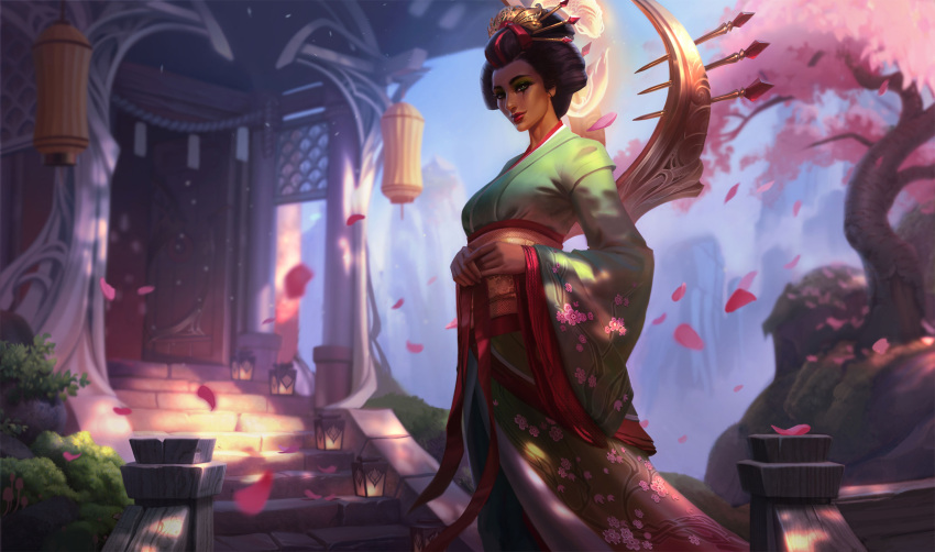 1girl, alternate_costume, breasts, cherry_blossoms, collaboration, comb, commentary, dappled_sunlight, english_commentary, eyeshadow, full_body, hair_ornament, hair_stick, highres, japanese_clothes, japanese_house, jem_flores, jessica_oyhenart, karma_(league_of_legends), kimono, league_of_legends, light_smile, lipstick, looking_at_viewer, makeup, medium_breasts, nose, obi, official_art, petals, sakura_karma, sash, solo, sunlight, updo