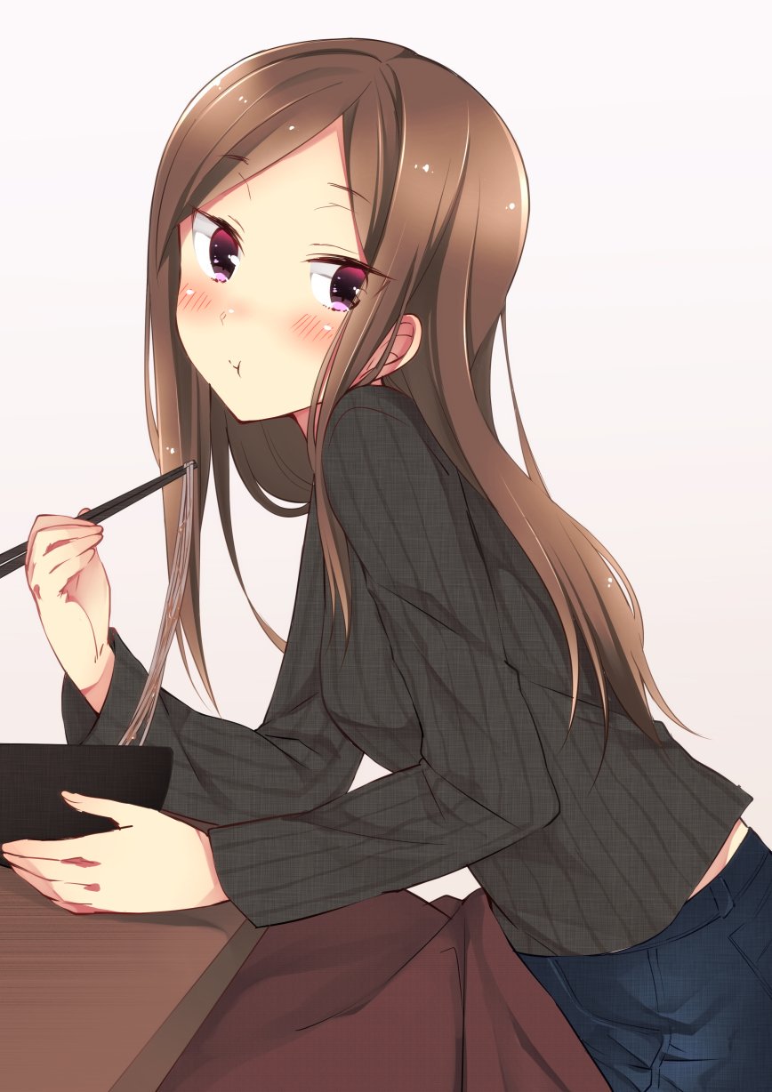 1girl, :t, black_sweater, blush, brown_hair, chopsticks, closed_mouth, denim