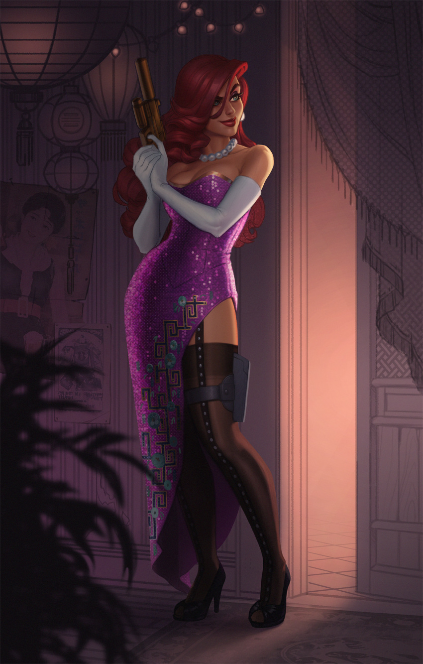 1girl, absurdres, alternate_costume, bare_shoulders, black_legwear, breasts, cleavage, clothes_writing