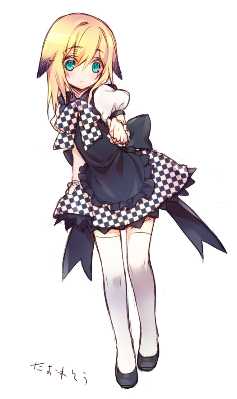 apron, aqua_eyes, checkered, checkered_ribbon, checkered_skirt, chung_seiker, elsword, fury_guardian_(elsword), highres, ribbon, short_hair, sketch, skirt, trap, wanko_(takohati8), white_legwear
