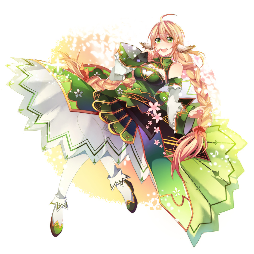 1girl, :d, ahoge, bangs, bare_shoulders, bow, braid, bridal_gauntlets