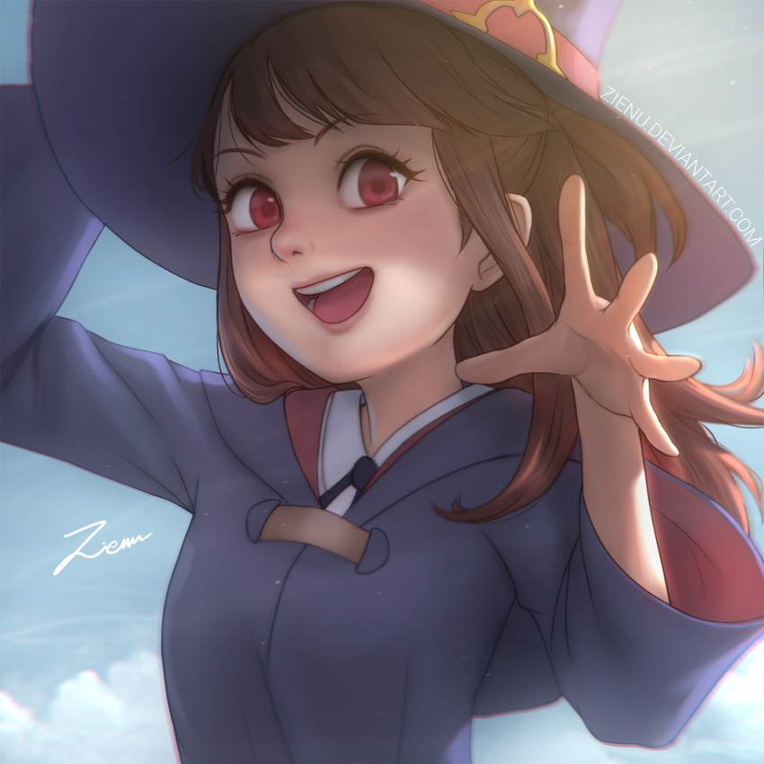 1girl, :d, arms_up, artist_name, black_ribbon, blue_sky, brown_hair, chromatic_aberration