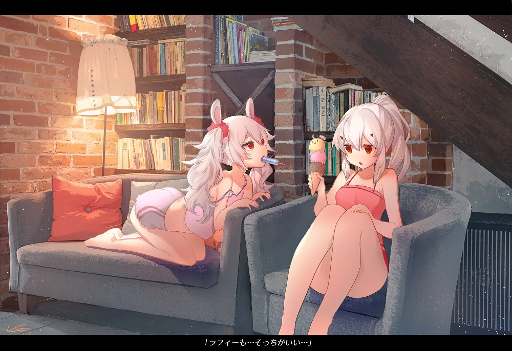 2girls, :o, armchair, ayanami_(azur_lane), azur_lane, bangs, bare_arms, bare_legs