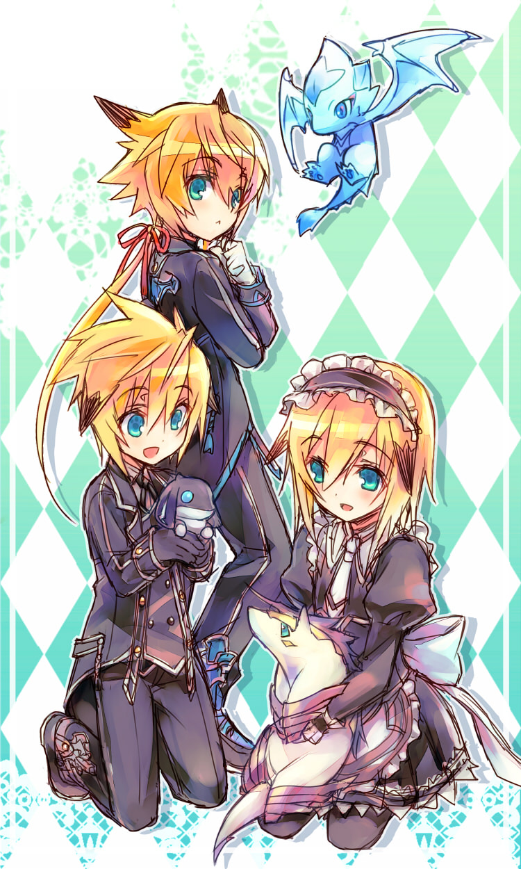 3boys, apron, aqua_eyes, butler, checkered, checkered_background, chung_seiker, dog