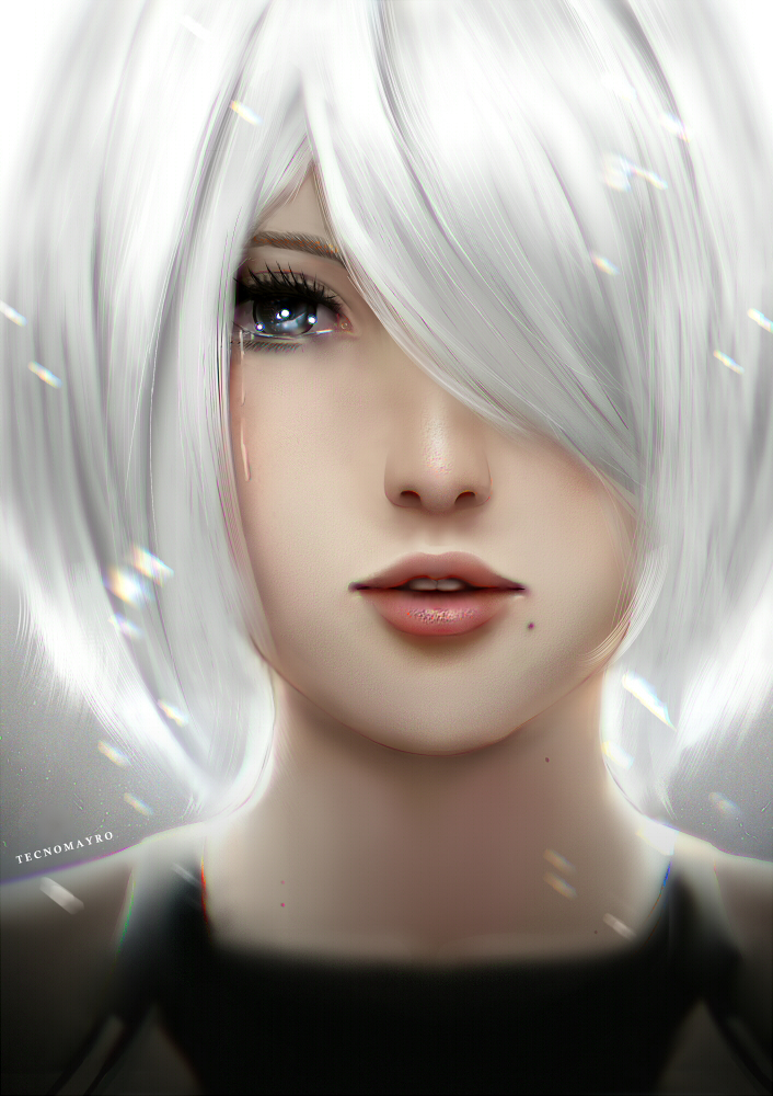 1girl, artist_name, bangs, chromatic_aberration, commentary, crying, crying_with_eyes_open, hair_over_one_eye, lips, looking_at_viewer, nier_(series), nier_automata, nose, parted_lips, short_hair, simple_background, solo, spoiler_check, spoilers, tears, tecnomayro, teeth, white_background, yorha_type_a_no._2