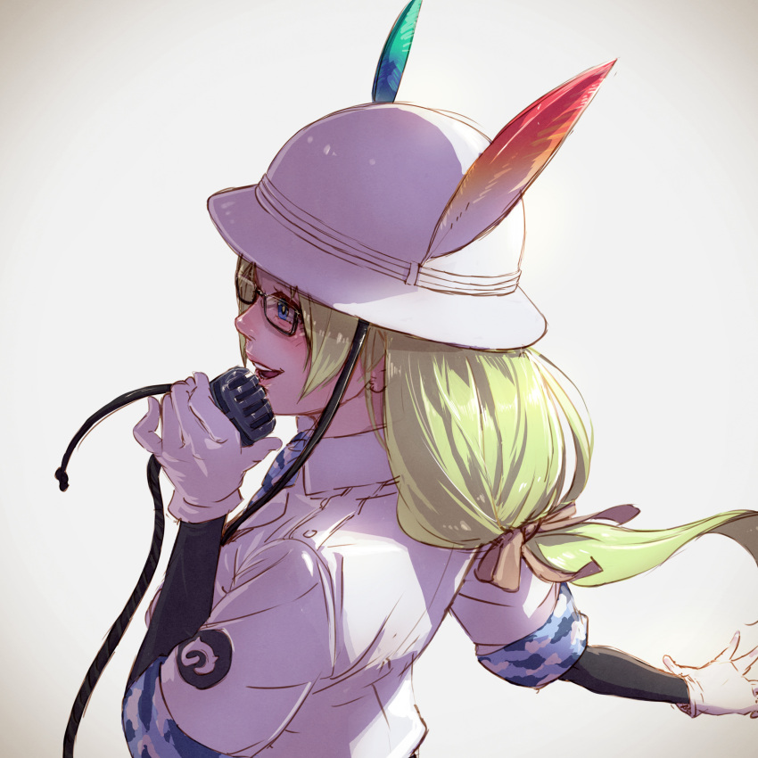 1girl, absurdres, blue_eyes, bucket_hat, camouflage_trim, collared_shirt, commentary_request, elbow_gloves