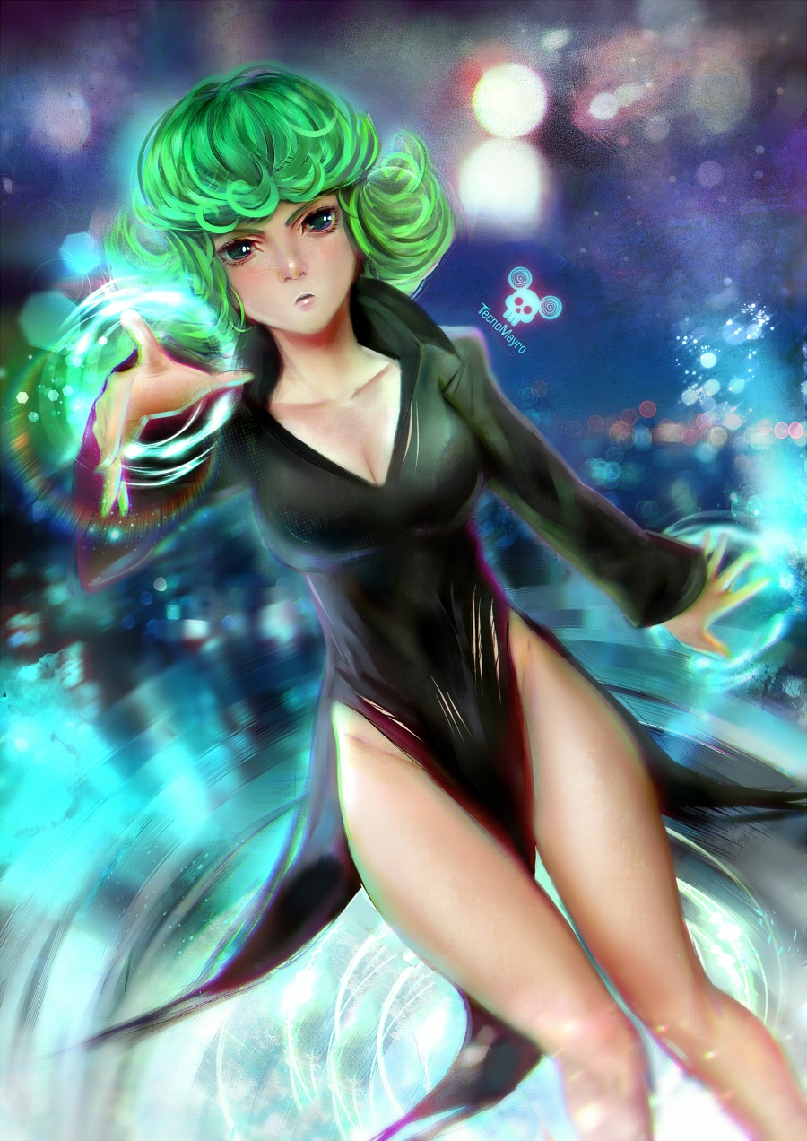 1girl, artist_logo, artist_name, black_dress, breasts, cleavage, commentary, curly_hair