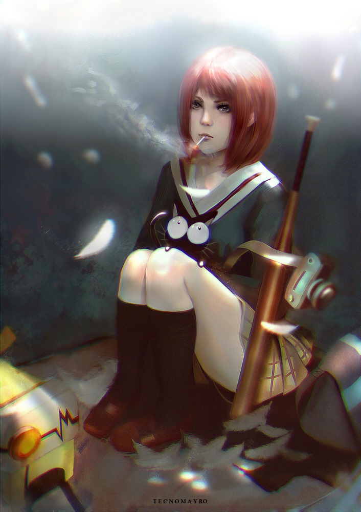 1girl, artist_name, baseball_bat, black_cat, blouse, brown_footwear, brown_hair, cat