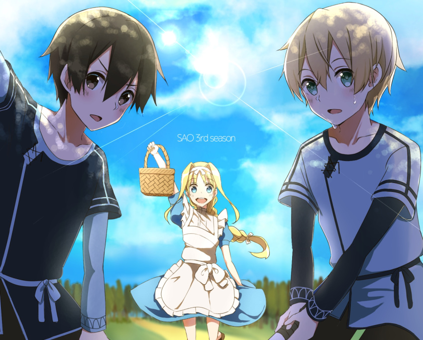 1girl, 2boys, :d, alice_schuberg, apron, arm_up, basket, black_hair