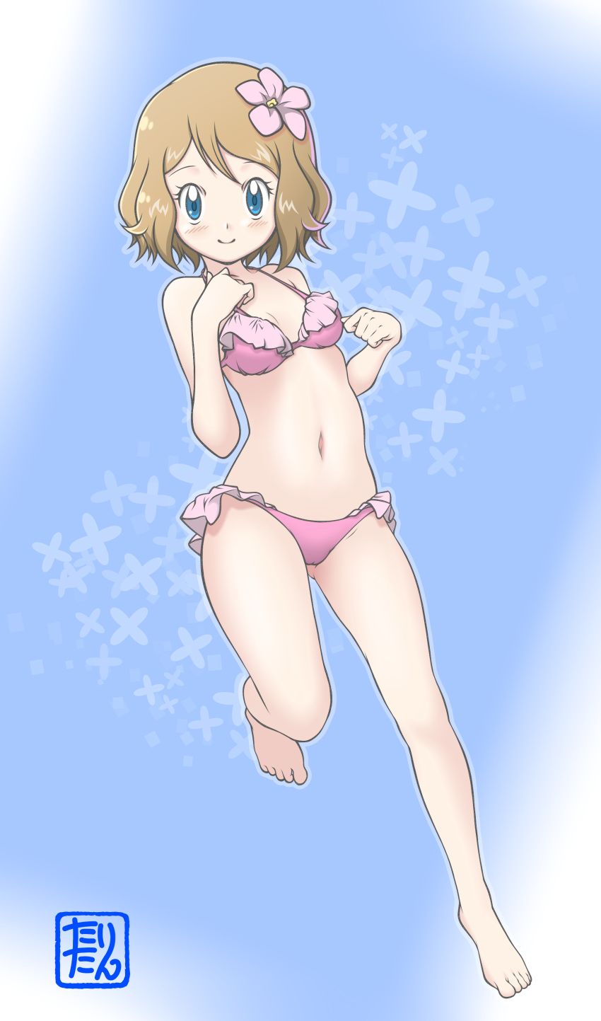 1girl, absurdres, barefoot, bikini, blue_background, blue_eyes, blush, breasts