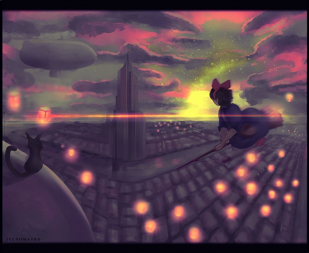 1girl, aircraft, animal, artist_name, black_cat, black_dress, blimp, bow