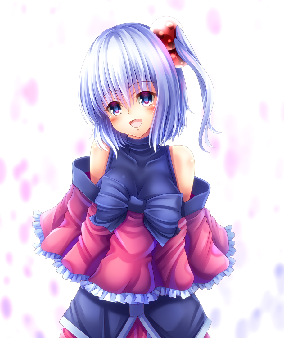 1girl, :d, alternate_costume, alternate_hair_length, alternate_hairstyle, blue_eyes, blush, bow
