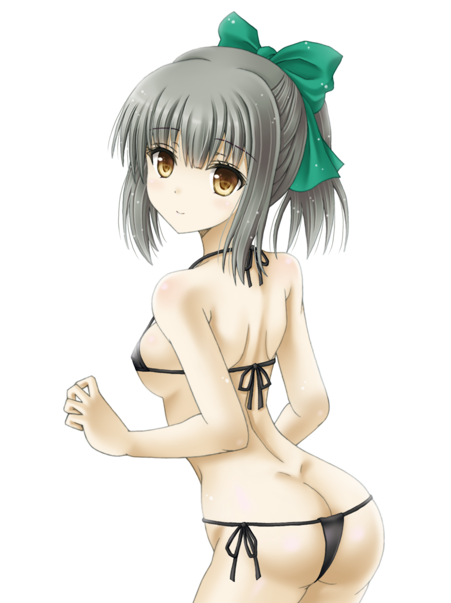 amou_yuu, ass, bikini, black_bikini, bow, breasts, brown_eyes, closed_mouth