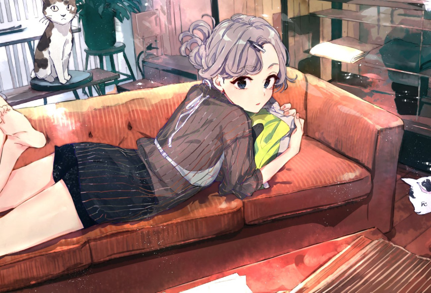 1girl, bangs, bare_legs, barefoot, blue_eyes, bra, cat, commentary_request