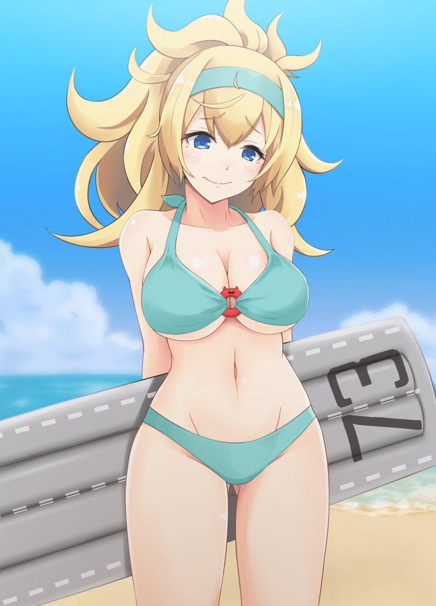 1girl, alternate_costume, alternate_hairstyle, arms_behind_back, awkward, bare_shoulders, beach, bikini