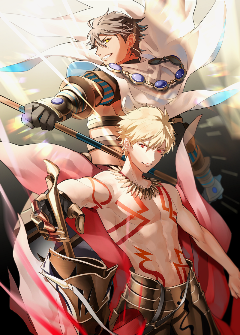 2boys, armor, black_gloves, black_hair, blonde_hair, cape, chest_tattoo, ea_(fate/stay_night)