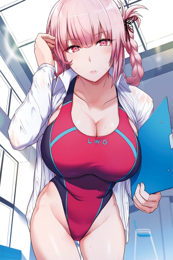 1girl, blush, braid, breasts, cleavage, collarbone, competition_swimsuit, fate/grand_order