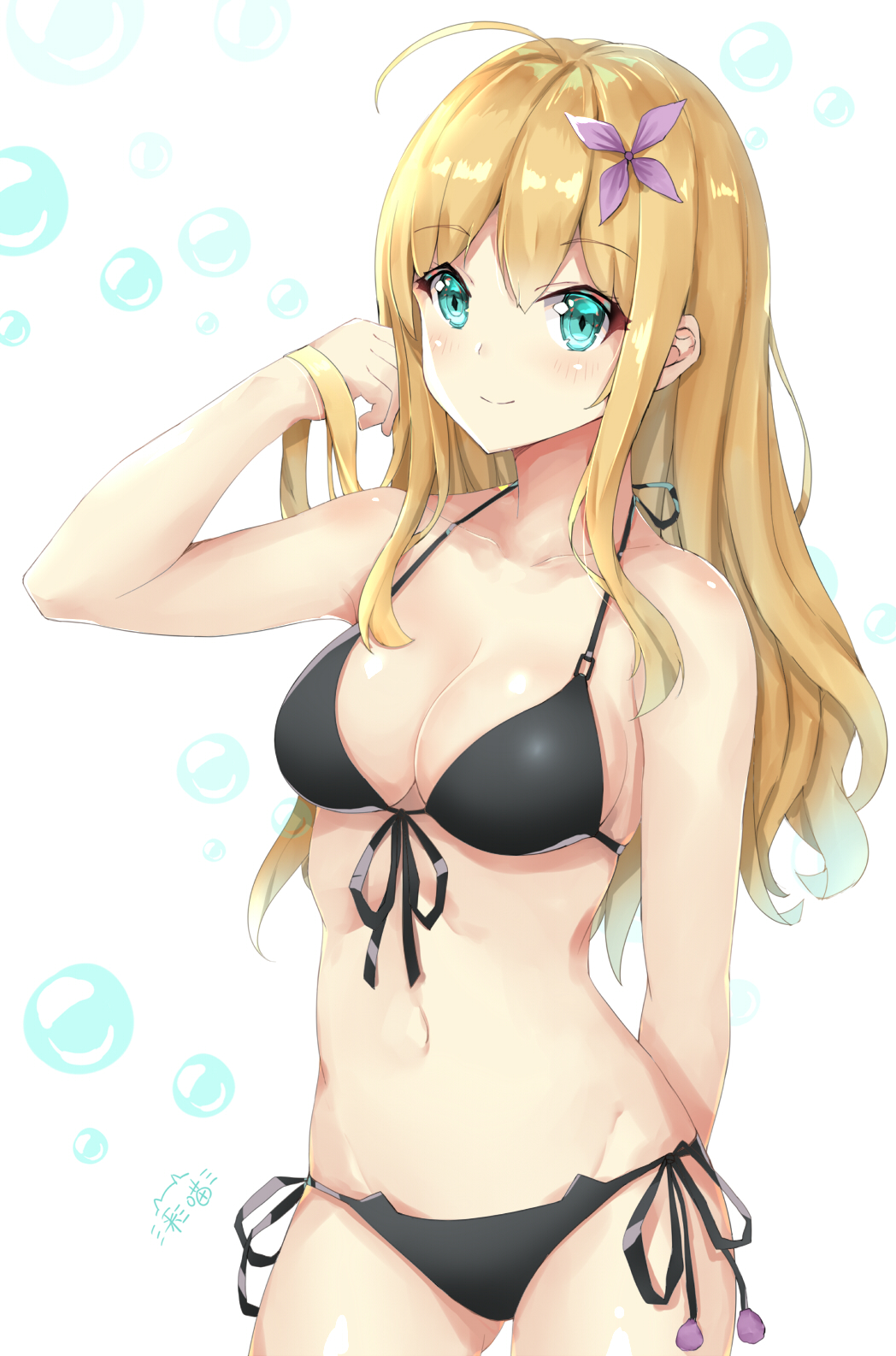1girl, ahoge, bangs, bare_arms, bare_shoulders, bikini, black_bikini, blonde_hair