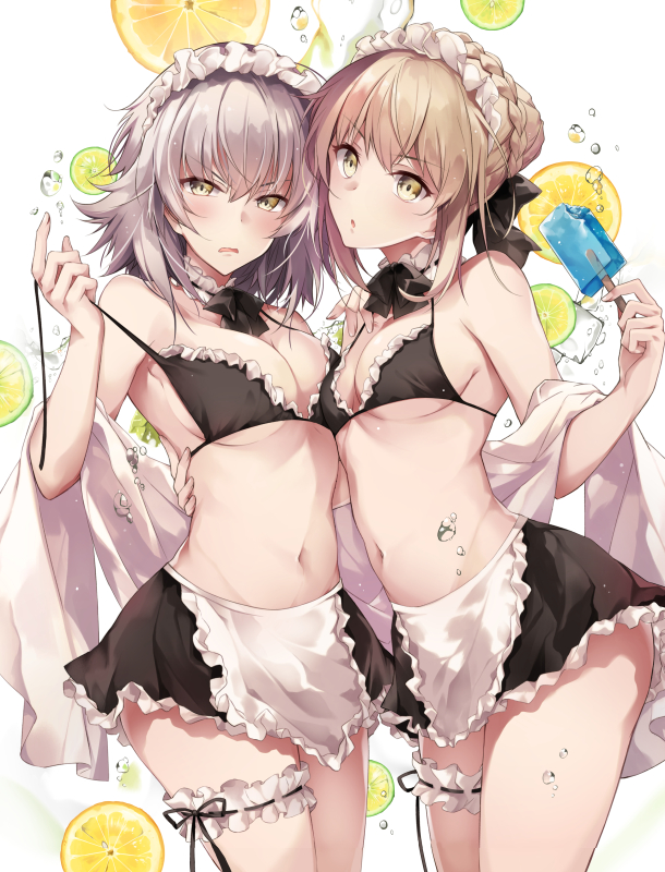 2girls, artoria_pendragon_(all), artoria_pendragon_(swimsuit_rider_alter), artoria_pendragon_(swimsuit_rider_alter)_(cosplay), asymmetrical_docking, bangs, bikini, black_bikini, black_skirt, blonde_hair, blush, bow, bowtie, breast_press, breasts, collarbone, commentary_request, cosplay, cowboy_shot, eyebrows_visible_through_hair, fate/grand_order, fate_(series), food, fruit, fruit_background, hair_between_eyes, hair_bow, head_tilt, hirai_yuzuki, ice_cream, jeanne_d'arc_(alter)_(fate), jeanne_d'arc_(fate)_(all), large_breasts, lemon, looking_at_viewer, maid_bikini, midriff, miniskirt, multiple_girls, navel, open_mouth, saber_alter, short_hair, sidelocks, silver_hair, skirt, strap_pull, swimsuit, thigh_strap, twitter_username, yellow_eyes