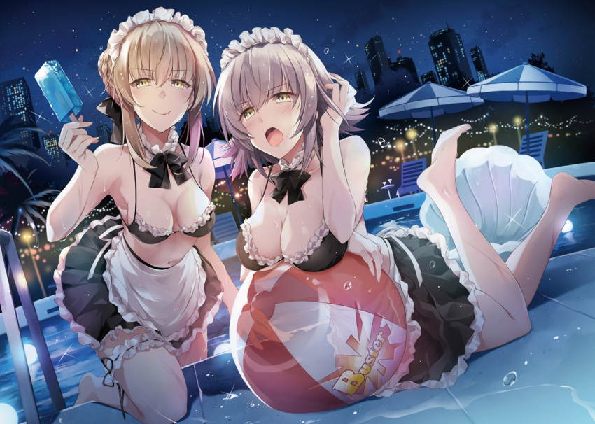 2girls, alternate_costume, artoria_pendragon_(all), artoria_pendragon_(swimsuit_rider_alter), artoria_pendragon_(swimsuit_rider_alter)_(cosplay), ball, bangs, barefoot