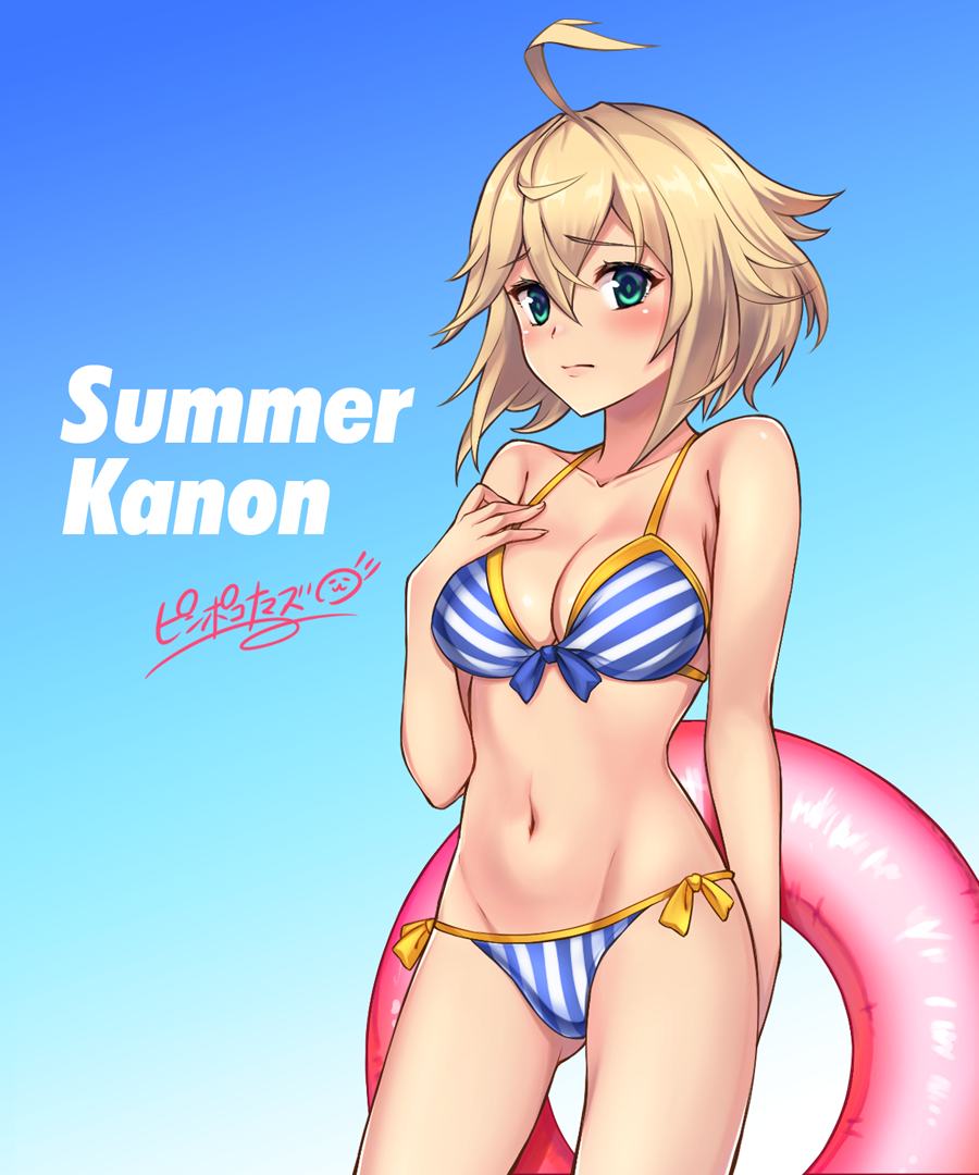 1girl, ahoge, bikini, blonde_hair, blush, breasts, character_name, collarbone