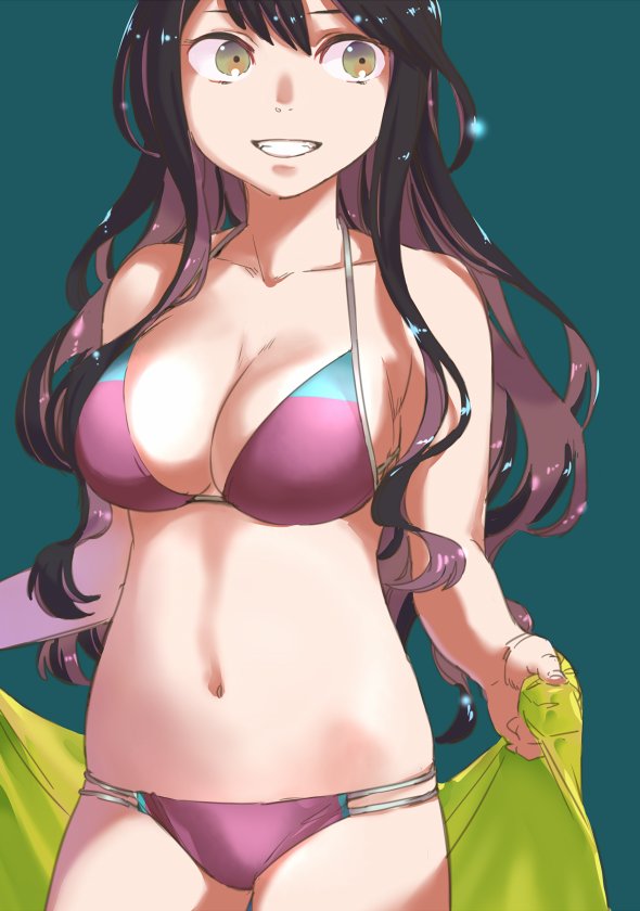 1girl, adapted_costume, bikini, black_hair, breasts, cleavage, collarbone, cowboy_shot
