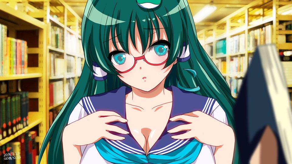 1girl, alternate_costume, alternate_outfit, blue_eyes, blush, book_shelves, books, breast, collar_bone, frog, glasses, green_hair, hair_accessories, hair_tube, hands_on_breasts, kochiya_sanae, library, lights, long_hair, neckerchief, open_mouth, school_uniform, seifuku, snake, touhou, yamaguchi_yuu