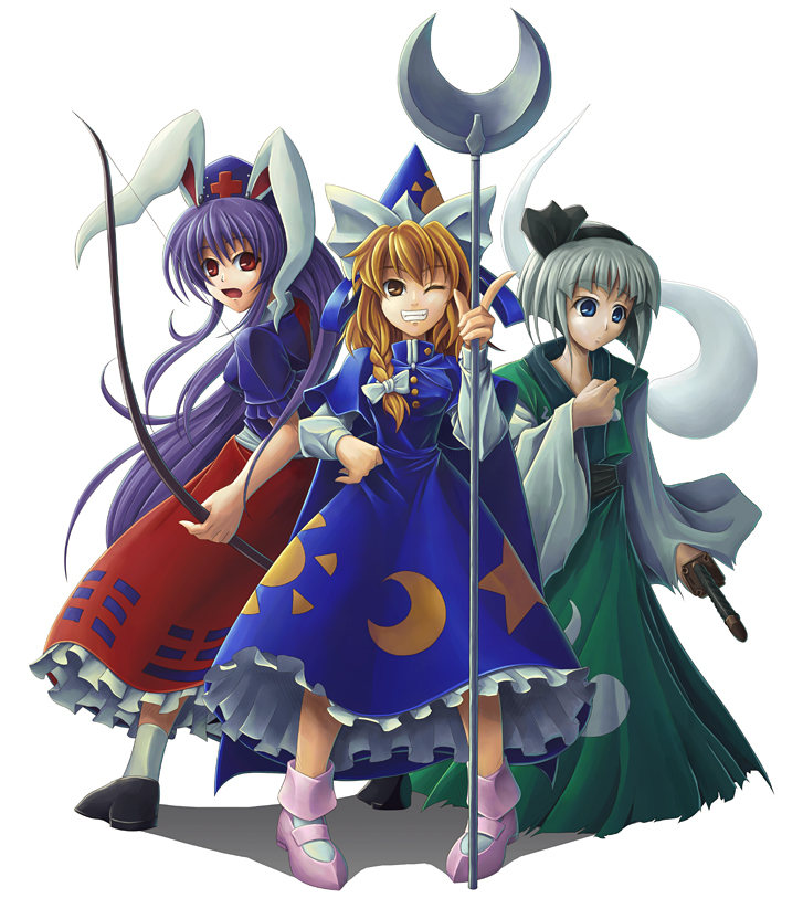 blonde_hair, bow_(weapon), bunny_ears, cosplay, ghost, hat, hitodama, japanese_clothes, kataginu, katana, kimono, kirisame_marisa, konpaku_youki, konpaku_youki_(cosplay), konpaku_youmu, konpaku_youmu_(ghost), koto_tsubane, long_hair, mima, mima_(cosplay), myon, purple_hair, rabbit_ears, reisen_udongein_inaba, ribbon, ribbons, sheath, sheathed, short_hair, silver_hair, staff, sword, touhou, weapon, wizard_hat, yagokoro_eirin, yagokoro_eirin_(cosplay)