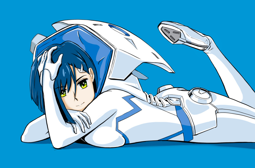 1girl, albyee, bangs, blue_background, blue_hair, breast_press, breasts, closed_mouth