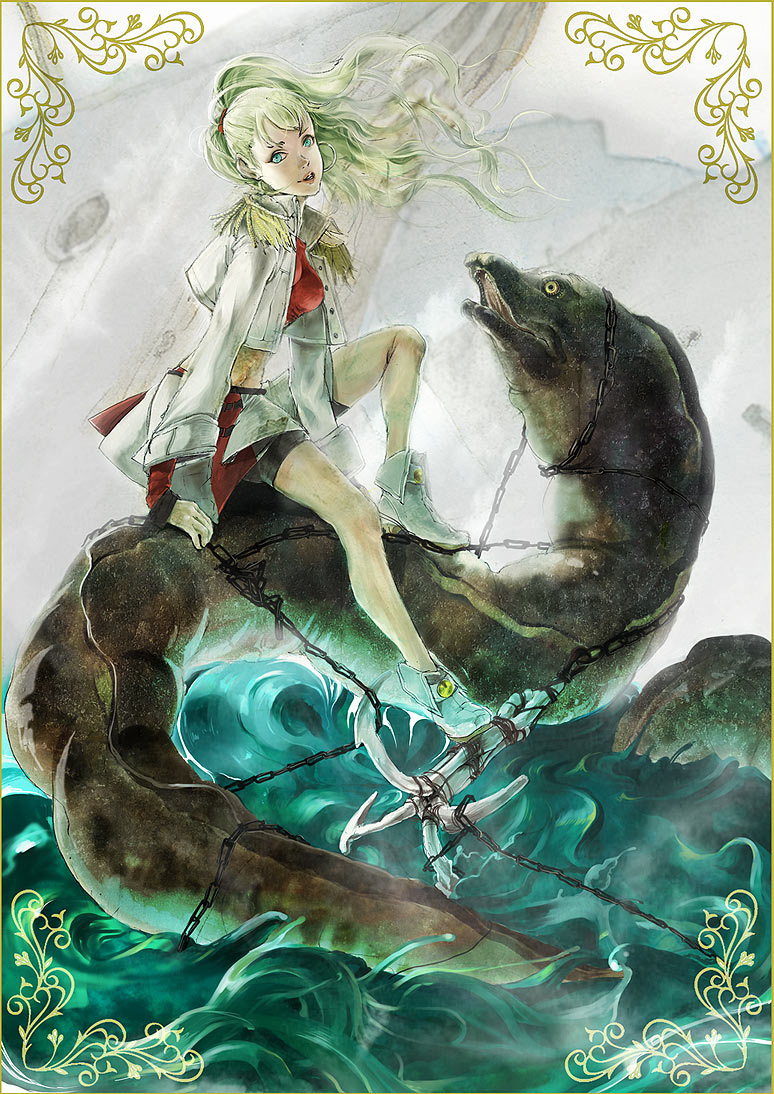 bad_id, blonde_hair, chain, chains, eel, eels, green_eyes, long_hair, midriff, ocean, original