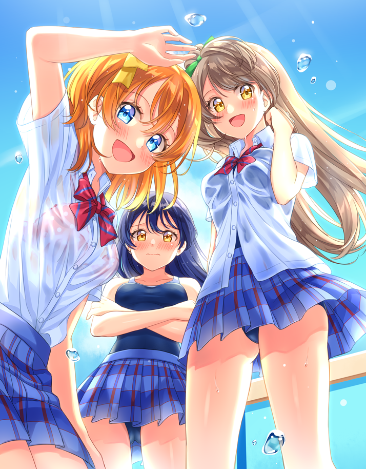 3girls, arm_up, bangs, blue_eyes, blue_hair, blue_skirt, blue_swimsuit, blush