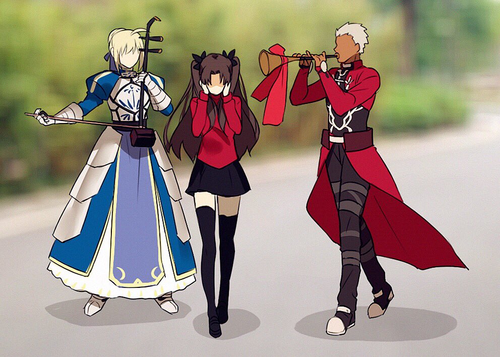 1boy, 2girls, ahoge, archer, armor, armored_dress, artoria_pendragon_(all), black_hair