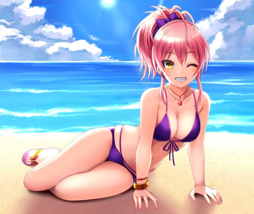 1girl, arm_support, bangs, beach, bikini, blush, bow, bracelet, breasts, cleavage, collarbone, eyelashes, grin, hair_between_eyes, hair_bow, hips, idolmaster, idolmaster_cinderella_girls, jewelry, jougasaki_mika, long_hair, looking_at_viewer, lying, medium_breasts, multi-strapped_bikini, necklace, ocean, on_side, ooike_teru, pink_hair, purple_bikini, purple_bow, sandals, sidelocks, smile, solo, sunlight, swimsuit, thighs, waist, yellow_eyes
