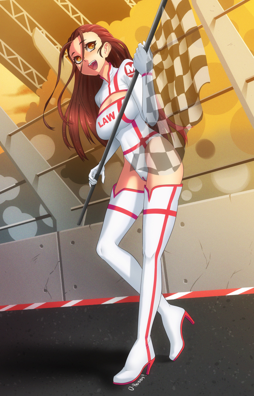 1girl, boots, breasts, brown_eyes, brown_hair, checkered, checkered_flag, ciara_(masharu)