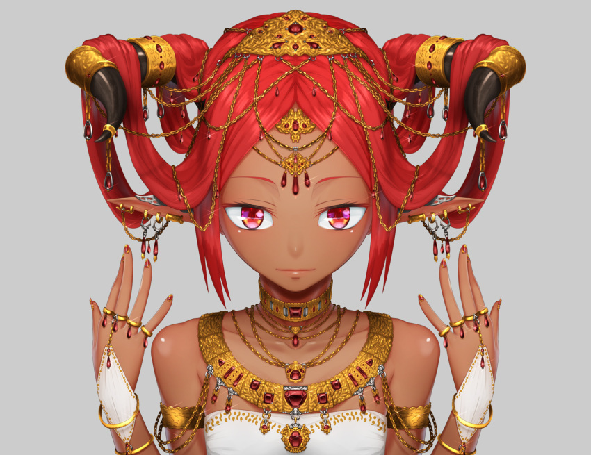 1girl, bracelet, chains, choker, dark_skin, gem, gold, grey_background