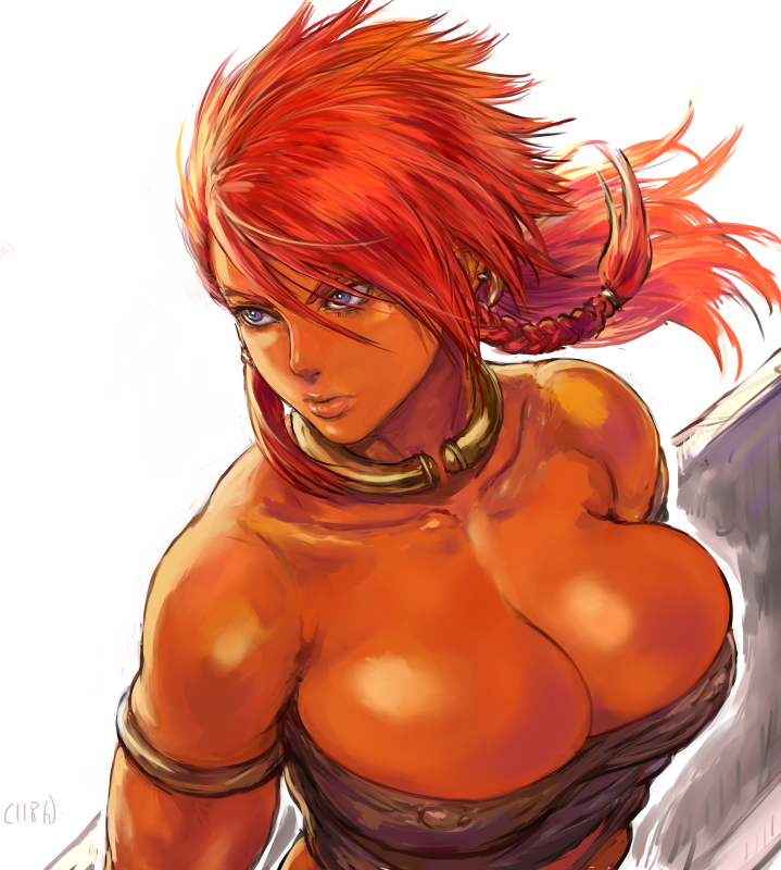 1girl, armlet, bangs, bare_shoulders, blue_eyes, braid, breasts, budget_sarashi