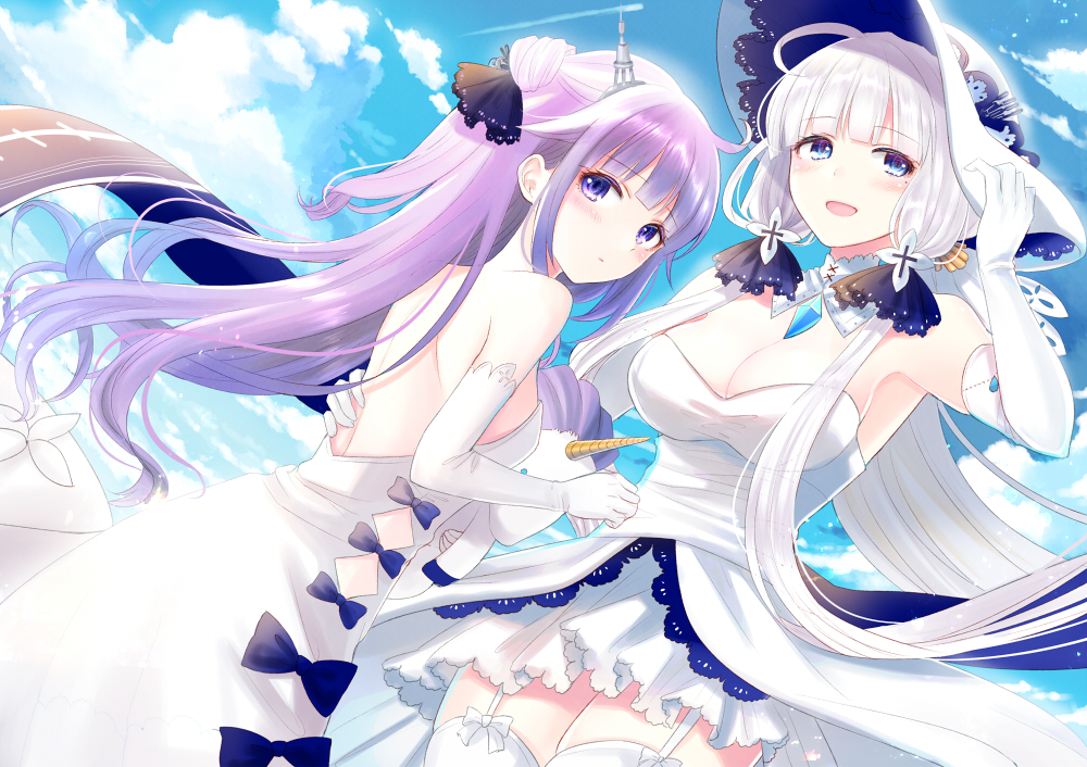 2girls, arm_up, azur_lane, bangs, bare_shoulders, black_bow, black_ribbon, blue_eyes