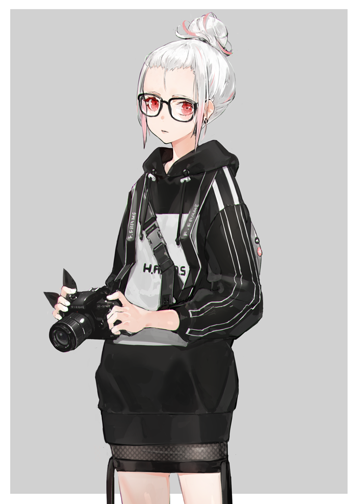 1girl, albino, black-framed_eyewear, border, camera, casual, cowboy_shot, double_vertical_stripe