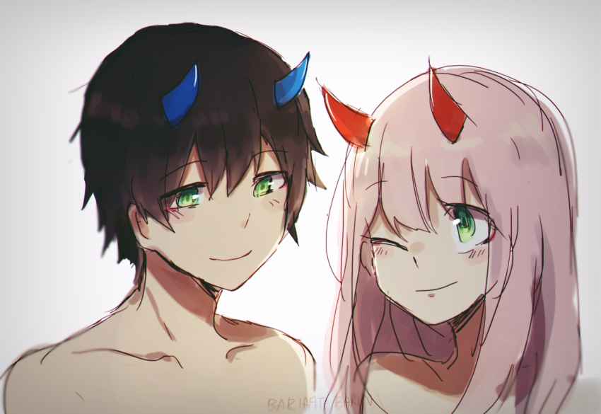 1boy, 1girl, bangs, benelle, black_hair, blue_horns, blush, collarbone, commentary, couple, darling_in_the_franxx, eyebrows_visible_through_hair, eyes_visible_through_hair, green_eyes, hetero, highres, hiro_(darling_in_the_franxx), horns, long_hair, looking_at_another, one_eye_closed, oni_horns, pink_hair, red_horns, shirtless, short_hair, signature, zero_two_(darling_in_the_franxx)