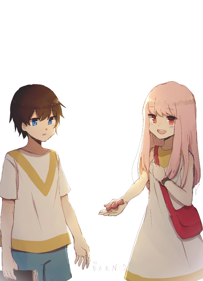 1boy, 1girl, bag, bangs, bare_shoulders, benelle, black_hair, blue_eyes, blue_shorts, blush, book, candy, commentary, couple, darling_in_the_franxx, dress, eyebrows_visible_through_hair, food, handbag, hetero, hiro_(darling_in_the_franxx), holding, holding_book, holding_candy, long_hair, pink_hair, red_eyes, shirt, short_hair, short_sleeves, shorts, signature, sleeveless, sleeveless_dress, spoilers, white_dress, white_shirt, younger, zero_two_(darling_in_the_franxx)