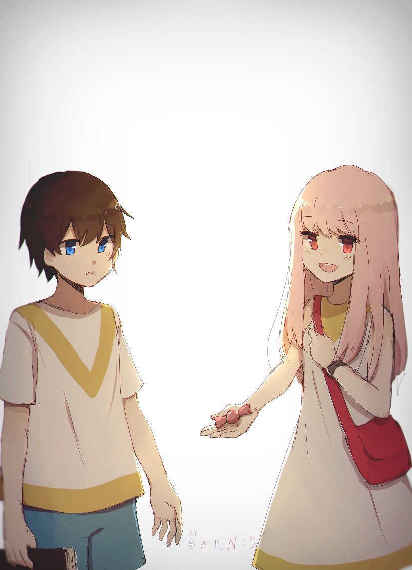 1boy, 1girl, bag, bangs, bare_shoulders, benelle, black_hair, blue_eyes